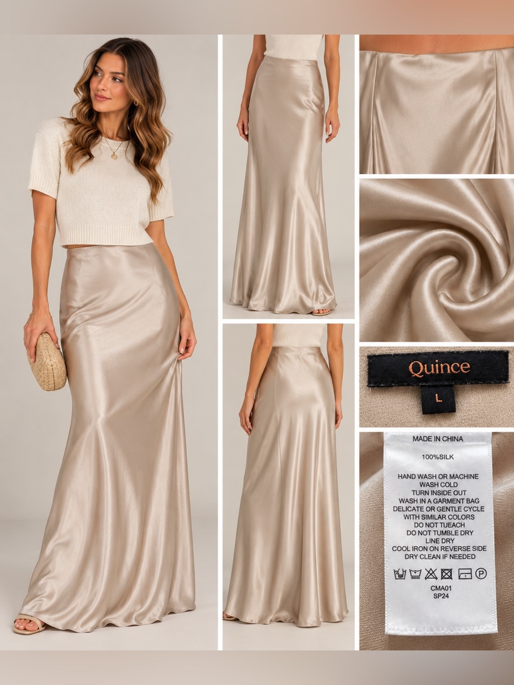 Quince 100% Washable Silk Maxi Skirt Champagne Size L